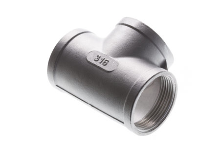 Stainless steel the threaded tee fitting is isolated on white background.