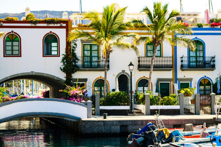 Colourful port with palm trees Puerto De Mogan on Gran Canaria island.