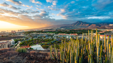 Aerial view on Adeje and Las Americas during wonderful sunset, Tenerife, Spain.の写真素材