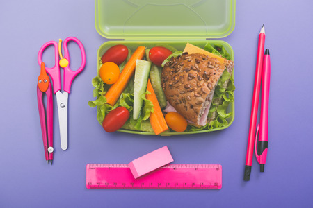 Lunch boxes with fresh breakfast. Breakfast school time concept.の写真素材