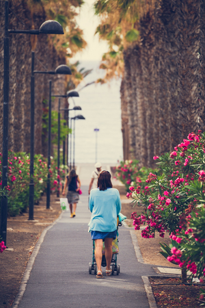 Woman with trolley goes to seaside by promenade among palm trees.のeditorial素材