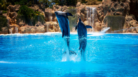 Show of beautiful dolphin jumps in zoo pool.のeditorial素材