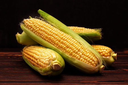 Corn cobs on wooden table.