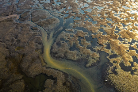 Spectacular top down view  on beautiful landscape of puddles and flow stream formed after draining...