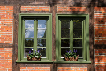 Windows with green frames and decorated by flowers in baskets, surrounded by bricks wall.