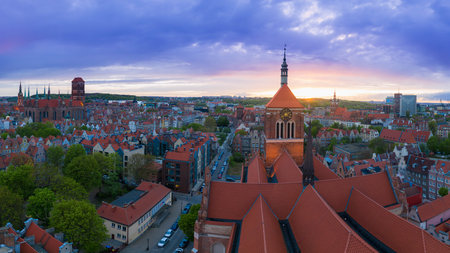 Aerial view on roof of church and part of old town in Gdansk.