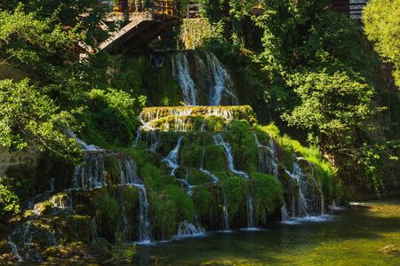 Cascades and waterfalls in the landscape of Plitvice Lakes, Croatia.の写真素材