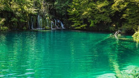 Cascades and waterfalls in the landscape of Plitvice Lakes, Croatia.の写真素材