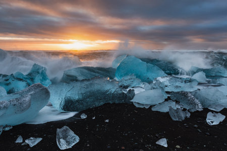 Pieces of glacier ice. Icelandic nature.