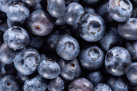 Background of big raw fresh blueberries, situated arbitrarily.