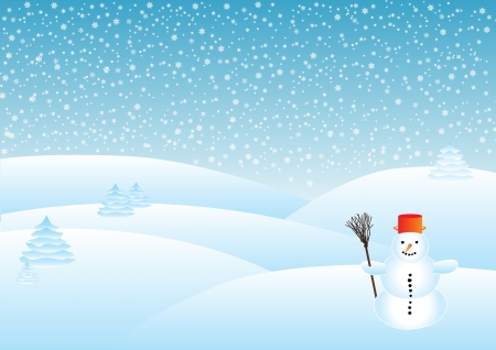 snowy landscape in the snow, snowman in the foregroundの写真素材