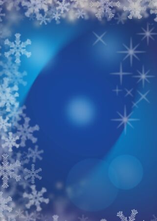 Magic Christmas blue background with white snowflakes and starsの写真素材