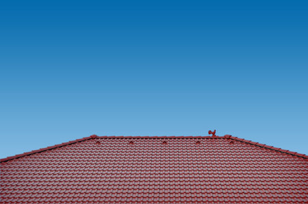 roof with brown tiles on a background of blue sky, new roofの写真素材