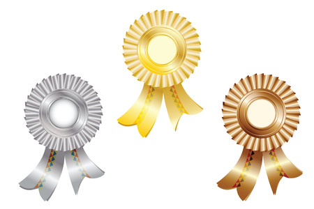 ribbons and medals for the winners, gold, silver and bronze, isolated on white backgroundのイラスト素材