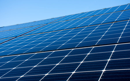 View of a solar photovoltaic power plant on the roof generating electricity from the sun