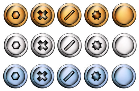 heads of screws and bolts in different colors on a white background