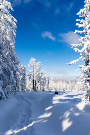 footprints in the snow in a winter landscape of mountains under a blue skyの写真素材