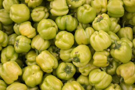 Fresh Green Bell Peppers Heap on Market Stall For Saleの写真素材