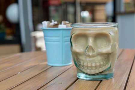 Skeleton Funny Coffee Mug on Table Morning Time for Relaxingの写真素材