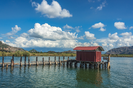 A hut on the end of a wooden pier on a lake with green reeds under blue skies with fluffy white cloudsの写真素材