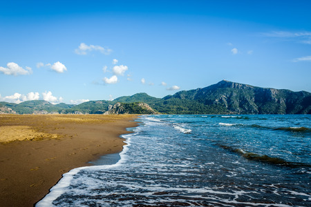 Waves breaking and forming sea foams on a sandy beach under clear blue skiesの写真素材