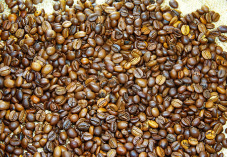 fragrant coffee beans on canvas backgroundの写真素材