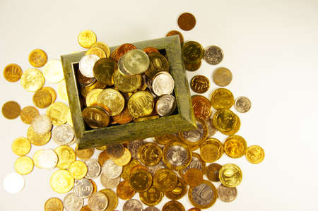 chest with coins ruble on a light backgroundの写真素材