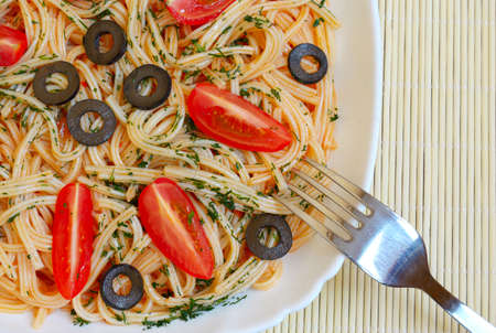 spaghetti with spices close upの写真素材