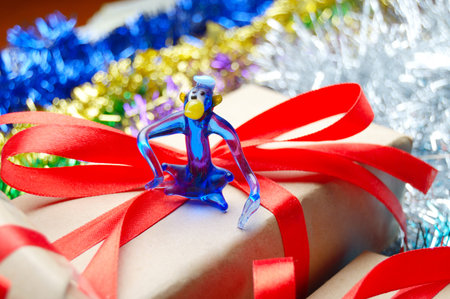 little monkey on the gift boxの写真素材