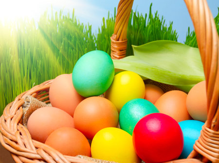 basket with easter eggs in the sunrays