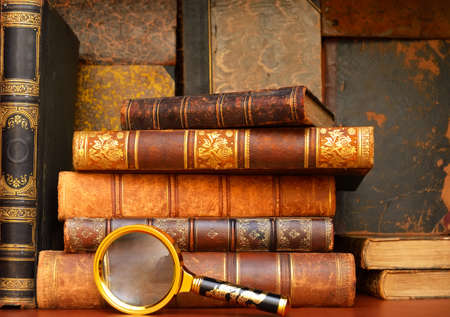 old vintage books on shelf in the cabinetの写真素材