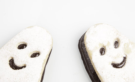 Biscuits with sugar and chocolate with a fun, imaginationの写真素材