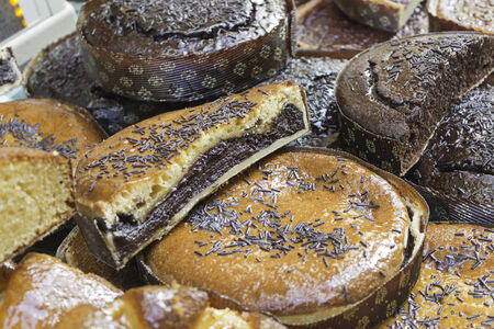 Chocolate sponge cake filled with pastryの写真素材