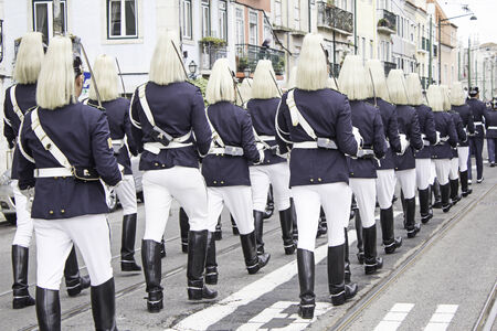 Parade soldiers in Lisbon with uniform and helmet, eventの写真素材