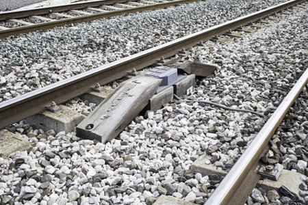 Railroad tracks with stones and rails, transport