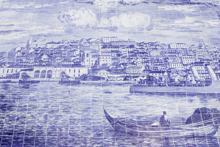 Lisbon tile colors in urban facade decorationの写真素材