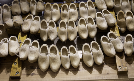 Dutch clogs craftsmen, manufacture of traditional footwear for the fieldの写真素材