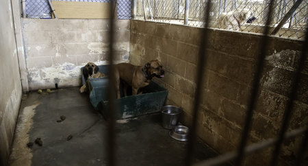 Dog in enclosed kennel, abandoned animals, abuse