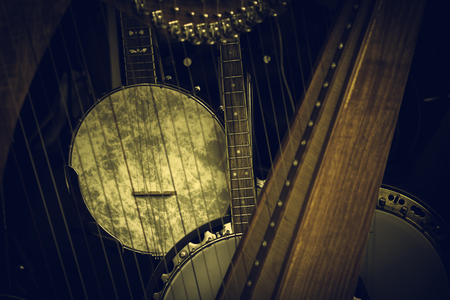 String musical instruments in store, music and hobbieの写真素材