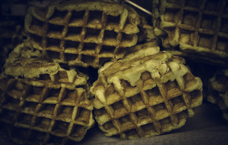 Waffle with caramel and chocolate, typical Belgian, dessertの写真素材