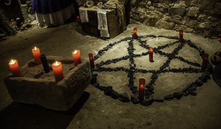 Altar for satanic rituals, witchcraft detail, occultism and sectの写真素材