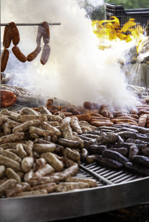Sausages and friendose black pudding on the grill, food and nutrition, restaurantの写真素材
