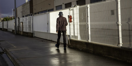 Senior man walking with cane down the street, sport and active life