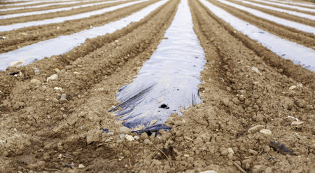 Asparagus plantation in the field, organic agriculture and vegetables