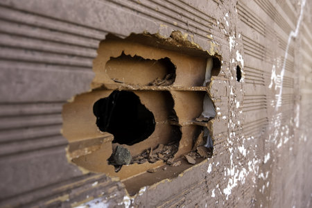 Facade wall detail in ruins, abandonment and vandalism