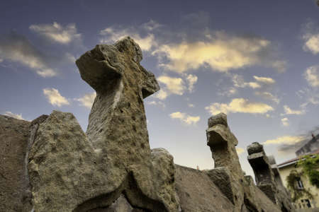 Detail of old medieval crosses, art and history in an old churchの写真素材