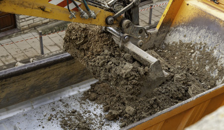 Excavator crane in street works, construction and industrial architectureの写真素材