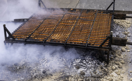 Detail of fresh sausage meat, grill and barbecue at a partyの写真素材