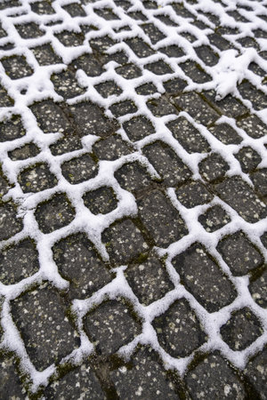 Detail of floor for pedestrians in the city with snow and ice in winterの写真素材