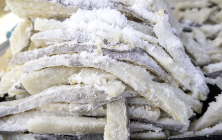 Detail of dried fish with salt in a market, healthy foodの写真素材
